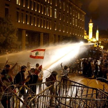 Security forces spray protesters demonstrating against a waste crisis and government corruption with a water cannon on October 8, 2015, after which 14 of the protesters were charged by the military prosecutor in Beirut.