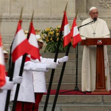 Pope Francis addresses the audience outside the presidential palace in Lima, Peru January 19, 2018. 