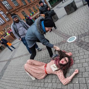 A A protest performance staged by women’s rights activists in Saint Petersburg after Russia’s adoption of domestic violence legislation, January 2017. 