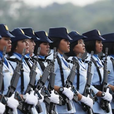 Members of the Indonesian Air Force march during celebrations marking the 70th anniversary of the Air Force in Jakarta, Indonesia, April 9, 2016.