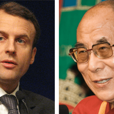 Composite showing French President Emmanuel Macron (L) and the Dalai Lama (R).