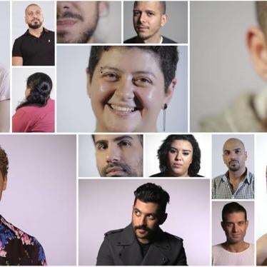 Collage depicting lesbian, gay, bisexual and transgender (LGBT) activists and artists from Arabic-speaking countries who participated in “No Longer Alone,” a series of videos produced by Human Rights Watch and the Arab Foundation for Freedoms and Equality