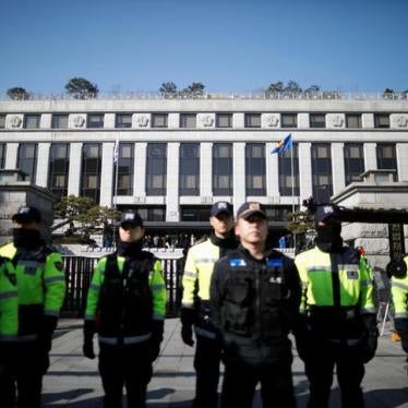 South Korean police officers stand guard in front of the Constitutional Court, before the Constitutional Court ruling on Park's impeachment, in Seoul, South Korea on March 10, 2017. 
