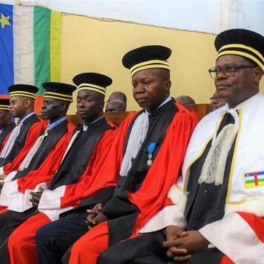 Congolese Special Prosecutor Toussaint Muntazini (R) and the five other judges of the Special Criminal Court (SCC)