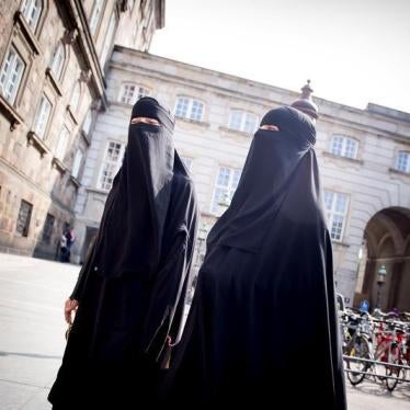 Women in niqab are pictured after the Danish Parliament banned the wearing of face veils in public, at Christiansborg Palace in Copenhagen, Denmark, May 31, 2018.