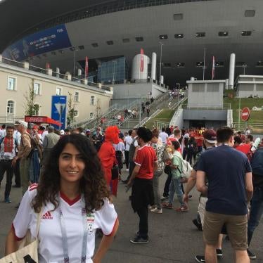 Human Rights Watch researcher, Tara Sepehri Far, stands in front of St. Petersburg stadium before Iran-Morocco match during the Russia 2018 FIFA World Cup. © 2018 Private