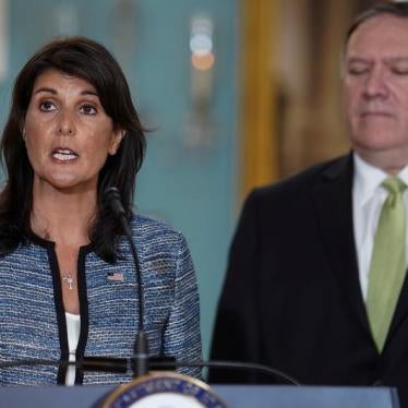 U.S. Ambassador to the United Nations Nikki Haley delivers remarks to the press together with U.S. Secretary of State Mike Pompeo, announcing the U.S.'s withdrawal from the U.N's Human Rights Council at the Department of State in Washington, U.S., June 19