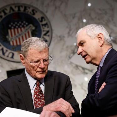 Sen. Jim Inhofe (R-OK) and Sen. Jack Reed (D-RI) during a March 13, 2018 hearing of the Senate Armed Services Committee in Washington. Senators Inhofe and Reed, along with Senate and House leaders, will decide in coming weeks whether to insert legislation