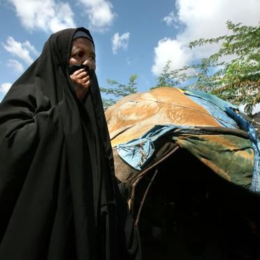 A refugee woman from Imey, a town in the Gode zone of Ethiopia's Somali Region, stands outside her makeshift home in Dadaab refugee camp in northern Kenya. She and her children fled to Kenya after her husband was killed by Ethiopian forces in December 200