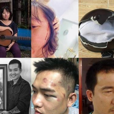 Row 1: Pham Doan Trang before and after the attack, and the broken helmet that was thrown by the side of the road after the beating  Row 2: Nguyen Tin in a fund-raising event for political prisoner Nguyen Ngoc Nhu Quynh ("Mother Mushroom") and after the a