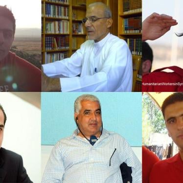From top left: Mohamed Nour al-Shemali, Abdul Akram al-Sakka, Mohamad Meqdad, Bassel Khartabil, Khalil Maatouk, and Mohamed Atfah were among many political activists, journalists, humanitarian workers, and lawyers, disappeared by the Syrian government. 