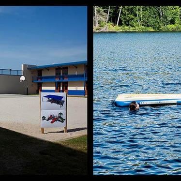 The Karnes immigration detention center in Karnes City, Texas (left), used by US Immigration and Customs Enforcement (ICE) to detain migrant families, and (right) a child plays in a lake during summer camp.
