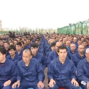 Government social media post in April 2017 shows detainees in a political education camp in Lop County, Hotan Prefecture, Xinjiang. 