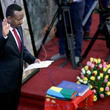 Abiy Ahmed, newly elected prime minister of Ethiopia, is sworn in at the House of Peoples' Representatives in Addis Ababa, April 2, 2018. © 2018 Hailu/Anadolu Agency/Getty Images