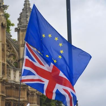 The EU and Union flags flying outside Parliament in Westminster, London. September 5, 2017.