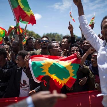 A man holds an Oromo Liberation Front (OLF) flag as hundreds of thousands of Ethiopians gathered to welcome returning leaders of the once-banned group in the capital Addis Ababa, Ethiopia Saturday, Sept. 15, 2018. 