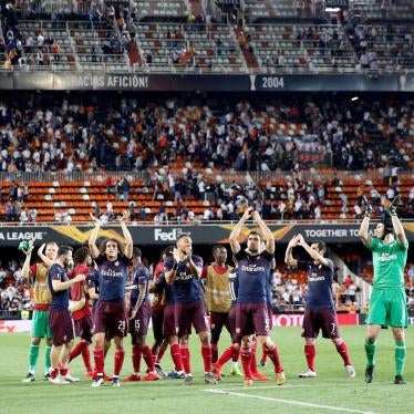 Arsenal players celebrate winning their Europa League football match semifinal against Valencia at the Camp de Mestalla stadium in Valencia, Spain, Thursday, May 9, 2019.