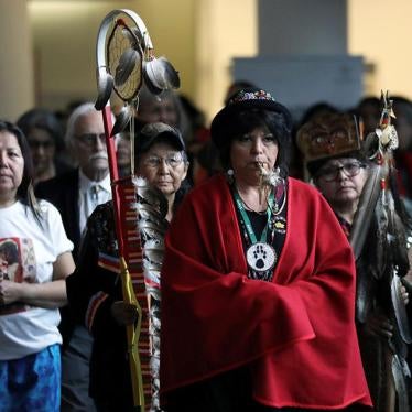 Women march in during the closing ceremony of the National Inquiry into Missing and Murdered Indigenous Women and Girls in Gatineau, Quebec, Canada, June 3, 2019. 