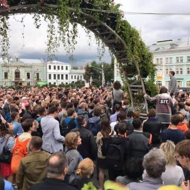 People gather at Trubnaya Square to protest the exclusion of opposition candidates from the Moscow legislature election