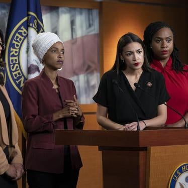 From left, Rep. Rashida Tlaib, D-Mich., Rep. Ilhan Omar, D-Minn., Rep. Alexandria Ocasio-Cortez, D-N.Y., and Rep. Ayanna Pressley, D-Mass., respond to remarks by President Donald Trump after his call for the four Democratic congresswomen to go back to the