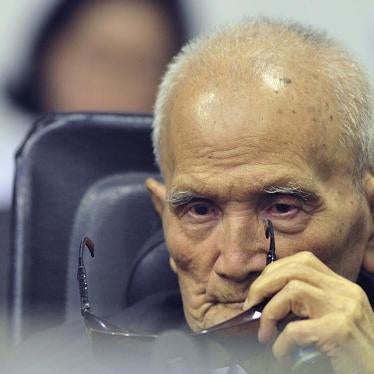 Nuon Chea sits in a court room before a hearing at the U.N.-backed war crimes tribunal in Phnom Penh, Cambodia