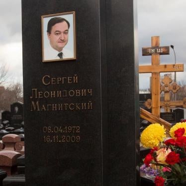 The grave of lawyer Sergey Magnitsky is seen at a cemetery in Moscow