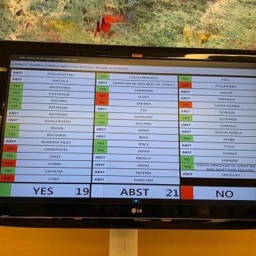 Panneau montrant les résultats du vote ayant mené à l’adoption d’une résolution du Conseil des droits de l'homme des Nations Unies au sujet du Venezuela, le 27 septembre 2019 à Genève.