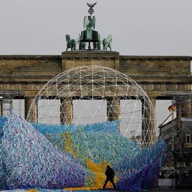Workers prepare an art installation in front of the Brandenburg Gate in Berlin, Germany, November 1, 2019, to mark the 30th anniversary of the fall of the Berlin Wall.