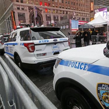 A line of police cars are parked along a street in Times Square, in New York, December 29, 2016.