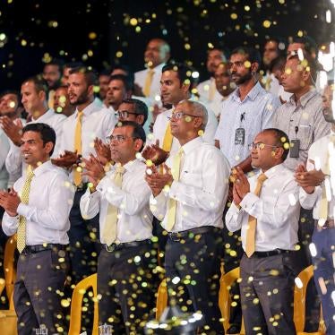 Maldives’ former President Mohamed Nasheed and current President Ibrahim Mohamed Solih take part in an election rally ahead of parliamentary polls, Malé, February 1, 2019.