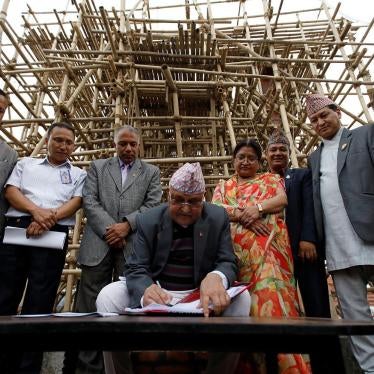 Prime Minister KP Sharma Oli visits the rebuilding site of a temple that collapsed during the April 2015 earthquake, Kathmandu, Nepal, April 25, 2019.