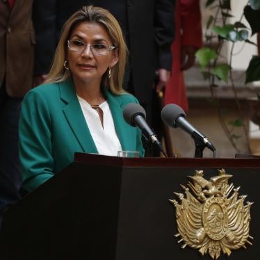 Bolivia's interim President Jeanine Áñez addresses the nation at the presidential palace in La Paz, Bolivia, Wednesday, Jan. 22, 2020. 