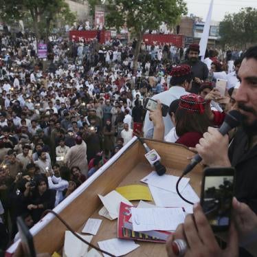 Manzoor Pashteen, a leader of the Pashtun Tahafuz Movement (PTM), addresses supporters during a rally in Lahore, Pakistan, April 22, 2018.