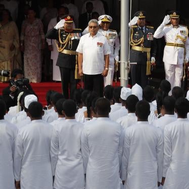 Sri Lankan President Gotabaya Rajapaksa, center, sings the national anthem during an event to mark the anniversary of country's independence from British colonial rule in Colombo, Sri Lanka, Tuesday, Feb. 4, 2020. (AP Photo/Eranga Jayawardena)