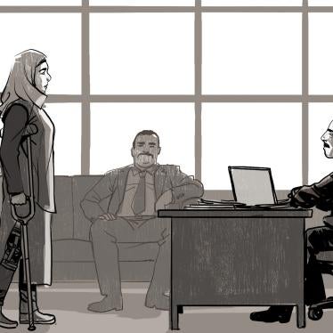 Illustration of woman with crutches confronting boss behind desk