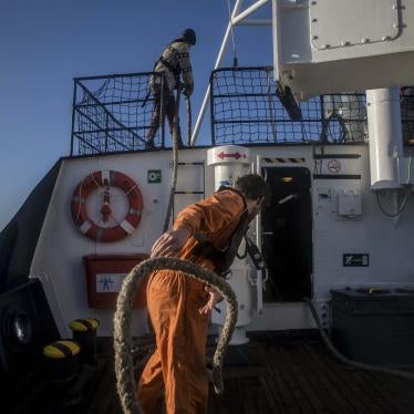 Crew work seen on the Alan Kurdi rescue ship, operated by German charity Sea Eye. 
