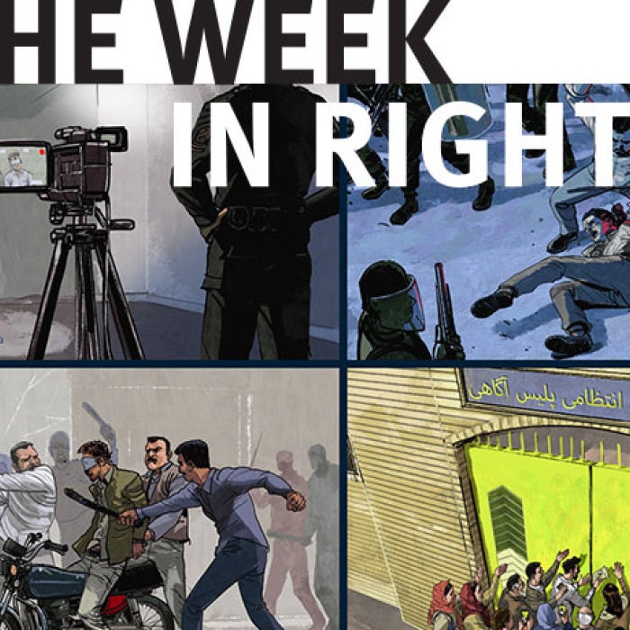 Four images depicting protests and conflict in Iran. 