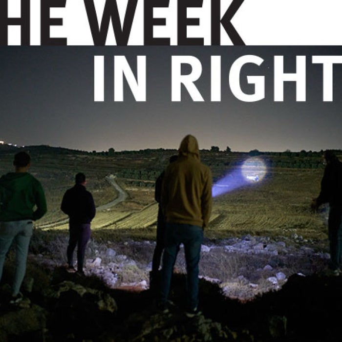 Four figures hold flashlights and look at landscape. 