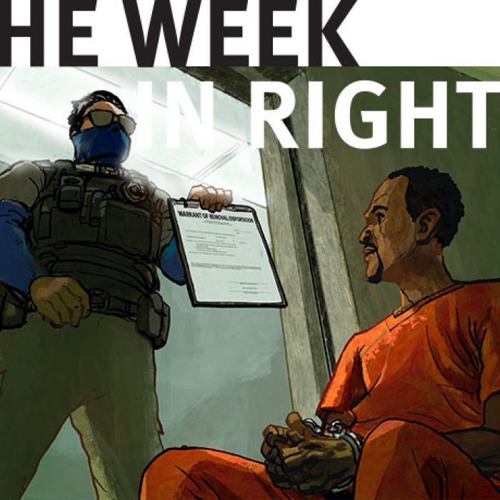 Illustration of detention center guard standing over detainee. 